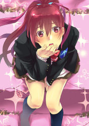 Rule 34 | 10s, 1girl, between thighs, blush, free!, from above, hand on own face, long hair, matsuoka gou, red eyes, red hair, school uniform, sitting, socks, solo, sparkle, yu@genkoochu (5tsukino)