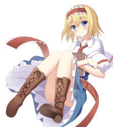 Rule 34 | 1girl, alice margatroid, bad id, bad pixiv id, blonde hair, blue eyes, book, boots, convenient leg, cross-laced footwear, full body, hairband, holding, holding book, lolita hairband, looking at viewer, ro-ichi, short hair, simple background, smile, solo, touhou, white background