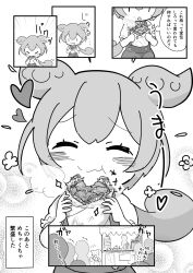 Rule 34 | +++, 1girl, :3, blush, brat (brabrabrat00), comic, commentary request, crowd, drooling, eating, food, food request, furrowed brow, greyscale, hands up, happy, heart, highres, holding, holding food, long hair, low ponytail, market stall, monochrome, raised eyebrows, shirt tucked in, short sleeves, shorts, sparkle, steam, suspender shorts, suspenders, translation request, voicevox, zundamon, | |