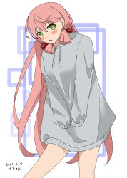 Rule 34 | 1girl, absurdres, akashi (kancolle), alternate costume, blunt tresses, blush stickers, breasts, dated, green eyes, grey hoodie, hair ribbon, hamukiyo, highres, hood, hood down, hoodie, kantai collection, long hair, looking at viewer, medium breasts, open mouth, oversized clothes, pink hair, ribbon, simple background, solo, tress ribbon, very long hair, white background