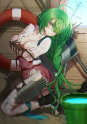Rule 34 | 1girl, ahoge, blush, boots, bound, braid, breasts, cleavage, green hair, hair over one eye, highres, indoors, kantai collection, lifebuoy, long hair, long sleeves, looking at viewer, medium breasts, mole, mole under mouth, no bra, pantyhose, porthole, repair bucket, rope, school uniform, see-through, shirt, single braid, solo, swim ring, torn clothes, torn pantyhose, very long hair, white shirt, yuugumo (kancolle), zuizi