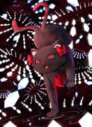 Rule 34 | :3, absurdres, animal, animal ear fluff, black cat, bow, calpis118, cat, danmaku, fang, highres, kaenbyou rin, kaenbyou rin (cat), light particles, looking at viewer, multiple tails, nekomata, no humans, perspective, red bow, red eyes, ripples, slit pupils, solo, spell card, standing, standing on one leg, tail, touhou, two tails