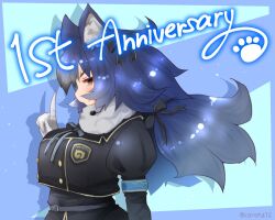 Rule 34 | 1girl, animal ears, anniversary, belt, blazer, blue hair, coroha, dire wolf (kemono friends), extra ears, gloves, grey eyes, jacket, kemono friends, kemono friends v project, long hair, looking at viewer, microphone, ribbon, scarf, simple background, skirt, solo, twintails, virtual youtuber, wolf ears, wolf girl