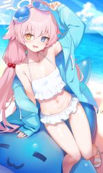 Rule 34 | 1girl, :d, absurdres, arm up, armpits, bad id, bad pixiv id, bare shoulders, beach, bikini, bikini skirt, blue archive, blue eyes, blue jacket, collarbone, day, eyewear on head, fang, frilled bikini, frills, glint, groin, hair bobbles, hair ornament, halo, halterneck, heterochromia, highres, hoshino (blue archive), hoshino (swimsuit) (blue archive), hukahire0120, inflatable toy, inflatable whale, jacket, long hair, long sleeves, looking at viewer, low twintails, midriff, navel, ocean, off shoulder, open clothes, open jacket, open mouth, outdoors, pink hair, sandals, smile, solo, stomach, string bikini, sunglasses, swimsuit, thigh gap, thighs, twintails, very long hair, wet, white bikini, yellow eyes