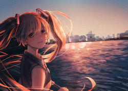 Rule 34 | 1girl, blurry, blurry background, brown eyes, brown hair, closed mouth, collared shirt, evening, floating hair, grey shirt, hair between eyes, hatsune miku, highres, kumano yume, lens flare, long hair, looking at viewer, outdoors, shirt, sleeveless, sleeveless shirt, smile, solo, twintails, upper body, very long hair, vocaloid, wing collar