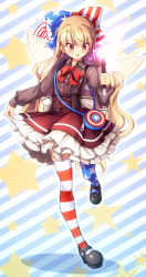 Rule 34 | 1girl, alternate costume, asymmetrical legwear, bag, black footwear, blonde hair, blue bow, bow, brown shirt, brown skirt, chima q, clownpiece, commentary, contemporary, fairy wings, fire, flag print, full body, hair bow, highres, holding, long hair, long sleeves, looking down, pantyhose, red bow, red eyes, red neckwear, shirt, shoes, shoulder bag, skirt, solo, squiggle, standing, standing on one leg, star (symbol), star print, striped background, striped clothes, striped pantyhose, striped thighhighs, thighhighs, torch, touhou, transparent wings, uneven legwear, wings