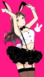 Rule 34 | 1girl, animal ears, armpits, arms up, black bow, black bowtie, black skirt, bow, bowtie, breasts, brown hair, cleavage, crop top, detached collar, fishnet thighhighs, fishnets, garter straps, idolmaster, idolmaster million live!, idolmaster million live! theater days, kitazawa shiho, layered skirt, long hair, medium breasts, midriff, miniskirt, navel, open mouth, pink background, pleated skirt, rabbit ears, rabbit tail, skirt, solo, standing, stomach, strapless, suspender skirt, suspenders, tail, thighhighs, touon, wrist cuffs, yellow eyes, zettai ryouiki