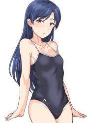 Rule 34 | 1girl, arena (company), armpit crease, bare shoulders, black one-piece swimsuit, blue hair, breasts, brown eyes, collarbone, competition school swimsuit, cowboy shot, highres, idolmaster, idolmaster (classic), kisaragi chihaya, logo, long hair, looking at viewer, medium breasts, one-piece swimsuit, open mouth, school swimsuit, simple background, solo, swimsuit, tsurui, white background