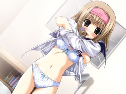 Rule 34 | 1girl, alternate hairstyle, blush, bow, bow bra, bow panties, boy meets girl, bra, breasts, brown hair, clothes lift, crossed arms, dutch angle, flat chest, game cg, green eyes, hairband, lace, lace-trimmed bra, lace-trimmed panties, lace trim, lingerie, navel, no pants, non-web source, open clothes, open mouth, open shirt, panties, polka dot, polka dot bra, polka dot panties, school uniform, serafuku, shintarou, shirt, shirt lift, short hair, small breasts, solo, souma nanami, standing, surprised, thigh gap, thighs, underwear, undressing, white bra, white panties