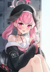 Rule 34 | 1girl, absurdres, bag, beret, black choker, black hat, black wings, blue archive, blush, choker, collarbone, fang, feathered wings, halo, hat, head wings, highres, koharu (blue archive), lebring, long hair, long sleeves, looking at viewer, low wings, neckerchief, off shoulder, open mouth, pink eyes, pink hair, pink halo, pink neckerchief, sailor collar, school bag, school uniform, sitting, skin fang, solo, twintails, wings
