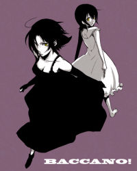 Rule 34 | 00s, 2girls, ahoge, baccano!, back-to-back, barefoot, breasts, chane laforet, cleavage, collarbone, copyright name, dress, elbow gloves, full body, gloves, looking at viewer, looking back, monochrome, multiple girls, ponytail, riza laforet, short hair, standing, toes