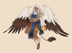 Rule 34 | 1girl, animal, animal hands, armband, bare shoulders, bird wings, blush, braid, breasts, claws, closed mouth, dark-skinned female, dark skin, feathered wings, feathers, flying, full body, fur, fur collar, grey eyes, griffon (monster girl encyclopedia), holding, holding animal, jewelry, large breasts, legband, lion tail, long hair, looking at viewer, manosdetrapo, midriff, monster girl, monster girl encyclopedia, mouse (animal), multicolored wings, navel, pelvic curtain, pink background, silver hair, simple background, solo, tail, thighlet, underboob, wings