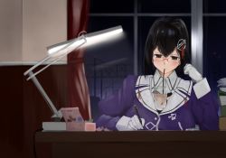 Rule 34 | 1girl, 73suke, absurdres, black hair, brown eyes, bubble tea challenge, cup, drinking straw, gloves, haguro (kancolle), haguro kai ni (kancolle), hair ornament, highres, kantai collection, looking down, object on breast, short hair, sitting, solo, upper body, white gloves, writing
