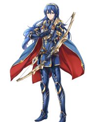 Rule 34 | 1girl, armor, armored boots, arrow (projectile), belt, blue eyes, blue hair, boots, bow (weapon), breastplate, cape, closed mouth, fire emblem, fire emblem awakening, fire emblem heroes, full body, gauntlets, highres, holding, holding bow (weapon), holding weapon, jewelry, long hair, looking at viewer, lucina (fire emblem), nintendo, non-web source, official art, shoulder armor, shoulder pads, sidelocks, smile, solo, standing, tiara, transparent background, turtleneck, weapon, yamada koutarou