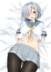 Rule 34 | 1girl, bed, between breasts, blue eyes, blush, breasts, collarbone, gloves, gluteal fold, grey skirt, hair ornament, hair over one eye, hairclip, hamakaze (kancolle), hands on own stomach, hands on stomach, highres, kantai collection, looking at viewer, lying, midriff, navel, nebusoku, necktie, on back, on bed, open mouth, pantyhose, pleated skirt, school uniform, serafuku, short hair, short sleeves, silver hair, skirt, solo, white gloves, yellow necktie