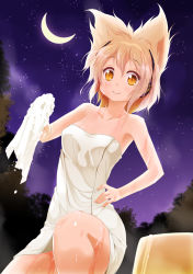 Rule 34 | 1girl, brown hair, crescent moon, hand on own hip, headphones, highres, moon, naked towel, night, onsen, porurin (do-desho), sky, smile, soap bubbles, solo, star (sky), starry sky, touhou, towel, toyosatomimi no miko, yellow eyes