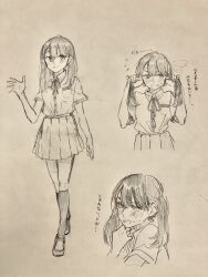 Rule 34 | 1girl, blush, collared shirt, commentary request, dress shirt, embarrassed, expressions, graphite (medium), greyscale, highres, kashikaze, kneehighs, loafers, lonely girl ni sakaraenai, long hair, monochrome, multiple views, neck ribbon, open mouth, pleated skirt, ribbon, sakurai ayaka (lonely girl ni sakaraenai), school uniform, shirt, shoes, short sleeves, skirt, socks, summer uniform, sweatdrop, traditional media, translation request, twintails, waving
