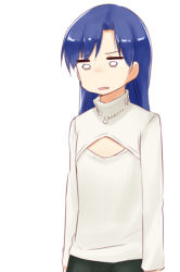 Rule 34 | 1girl, blue hair, breast conscious, cleavage cutout, clothing cutout, empty eyes, flat chest, idolmaster, idolmaster (classic), kisaragi chihaya, meme attire, nagian, open-chest sweater, solo, sweater, turtleneck