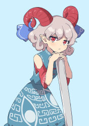 Rule 34 | 144udy, 1girl, absurdres, aqua background, blue background, blue ribbon, blush, closed mouth, curled horns, detached sleeves, dress, earrings, eye print, eye symbol, grey hair, hands on own chin, head rest, highres, horizontal pupils, horn ornament, horn ribbon, horns, jewelry, meandros, medium hair, own hands together, pointy ears, red eyes, red horns, red sleeves, ribbon, sheep horns, simple background, solo, touhou, toutetsu yuuma, utensil