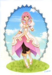 Rule 34 | 00s, 1girl, boots, breasts, dress, elbow gloves, estellise sidos heurassein, gloves, green eyes, open mouth, pants, pink hair, short hair, tales of (series), tales of vesperia