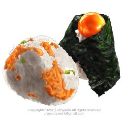 Rule 34 | artist name, copyright notice, egg yolk, email address, food, food focus, highres, no humans, nori (seaweed), onigiri, original, rice, salmon, simple background, uroyama (macrophage), white background