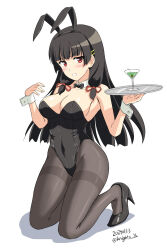 Rule 34 | 1girl, alternate costume, animal ears, bare shoulders, black hair, black leotard, black pantyhose, blush, breasts, cleavage, cocktail, cocktail glass, covered navel, cup, dated, detached collar, drinking glass, embarrassed, fake animal ears, hair ribbon, highres, isokaze (kancolle), kantai collection, kishi nisen, kneeling, leotard, long hair, looking at viewer, martini, medium breasts, olive, pantyhose, playboy bunny, rabbit ears, red eyes, ribbon, simple background, solo, strapless, strapless leotard, tray, tress ribbon, twitter username