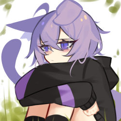 Rule 34 | 1girl, absurdres, animal ears, black hoodie, cat ears, cat tail, close-up, commentary, crossed arms, english commentary, ghost (tama), highres, hololive, hood, hoodie, nekomata okayu, nekomata okayu (1st costume), purple eyes, purple hair, solo, tail, virtual youtuber