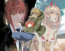 Rule 34 | + +, 1boy, 2girls, @ @, alternate breast size, bikini, blonde hair, blush, bread slice, breasts, chainsaw man, cleavage, cross-shaped pupils, denji (chainsaw man), dohyo123123, eyepatch, food, food in mouth, formal, fried egg, grey hair, hair between eyes, highres, hood, hooded jacket, horns, hug, jacket, large breasts, long hair, looking at viewer, makima (chainsaw man), multiple girls, necktie, open mouth, pochita (chainsaw man), power (chainsaw man), red hair, ringed eyes, smile, suit, swimsuit, symbol-shaped pupils, toast, yellow eyes
