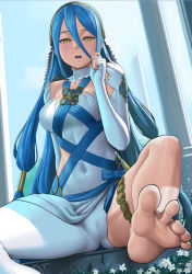 Rule 34 | 1girl, :o, arm behind back, asymmetrical clothes, azura (fire emblem), bare shoulders, barefoot, blue bow, blue hair, blue sky, blush, bow, breasts, cameltoe, column, covered navel, day, dress, feet, fingerless gloves, fire emblem, fire emblem fates, flower, foot focus, foreshortening, gloves, hair between eyes, hair tubes, hairband, lasterk, leg up, long hair, low-tied long hair, nintendo, no panties, open mouth, outdoors, pantyhose, pillar, single leg pantyhose, single pantsleg, sitting, sky, small breasts, soles, solo, spread legs, spread toes, thigh strap, toes, tsurime, very long hair, white dress, white gloves, white pantyhose, yellow eyes