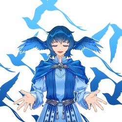 Rule 34 | 1girl, belt, bird, bird girl, bird wings, blue capelet, blue dress, blue hair, brooch, capelet, closed eyes, collared dress, cowboy shot, dress, facing viewer, feathered wings, final fantasy, final fantasy xiv, head wings, jewelry, meteion, open mouth, outstretched hand, short hair, silhouette, simple background, smile, solo, straight-on, tassel, white background, wings, zmeoow