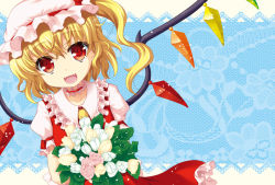 Rule 34 | 1girl, ascot, blonde hair, blue background, bouquet, choker, fangs, female focus, flandre scarlet, floral background, flower, hat, katagiri chisato, open mouth, red eyes, ribbon choker, short hair, side ponytail, skirt, smile, solo, touhou, wings