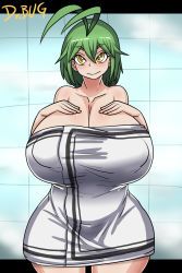 Rule 34 | 1girl, ahoge, antenna hair, artist name, bare shoulders, blush, breasts, character request, collarbone, covered erect nipples, dr. bug, green hair, highres, huge breasts, looking at viewer, naked towel, original, plump, short hair, smile, thick thighs, thighs, towel, yellow eyes