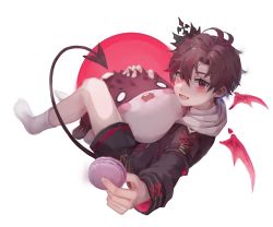 Rule 34 | 1boy, akuma yuu, blush, commission, crown, demon boy, demon tail, demon wings, fang, food, full body, holding, holding food, long sleeves, looking at viewer, macaron, male focus, open mouth, project-sp, ryancogs, short hair, shorts, solo, stuffed animal, stuffed toy, tail, virtual youtuber, white background, wings