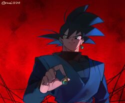 Rule 34 | 1boy, black bodysuit, black eyes, black hair, bodysuit, dougi, dragon ball, dragon ball super, earrings, goku black, holding, holding jewelry, jewelry, long sleeves, looking down, potara earrings, red background, ring, saiyan, solo, spiked hair, weidi811