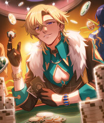 Rule 34 | 2boys, aqua shirt, artist name, aventurine (honkai: star rail), black collar, black gloves, black jacket, blonde hair, blue eyes, blue jacket, blurry, blurry background, blurry foreground, bracelet, ceiling light, chalseu, cleavage cutout, clothing cutout, club (shape), collar, collared shirt, commentary, crossed bangs, diamond (shape), dr. ratio (honkai: star rail), earrings, elbow rest, english commentary, fur-trimmed jacket, fur trim, glint, gloves, hair between eyes, half gloves, hand up, heart, highres, holding, honkai: star rail, honkai (series), indoors, jacket, jewelry, looking at viewer, male focus, multicolored eyes, multiple boys, neck tattoo, open clothes, open jacket, parted bangs, parted lips, poker chip, poker table, purple eyes, purple hair, shirt, short hair, single earring, sitting, sleeves rolled up, smile, solo focus, spade (shape), table, tattoo, upper body, wing collar