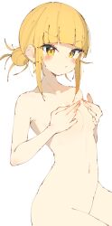 Rule 34 | 1girl, blonde hair, blunt bangs, blush, boku no hero academia, breasts, collarbone, completely nude, covering privates, covering breasts, cowboy shot, dot nose, double bun, elbow blush, hair bun, hands up, highres, linea alba, looking at viewer, medium breasts, messy hair, navel, nude, parted lips, rasusurasu, short hair with long locks, sidelocks, simple background, solo, straight hair, toga himiko, tsurime, v-shaped eyebrows, white background, yellow eyes