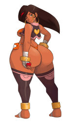 Rule 34 | 1girl, adapted costume, alternate costume, ass, bad id, bad tumblr id, breasts, carmessi, creatures (company), curvy, dark-skinned female, dark skin, earrings, fingerless gloves, full body, gala (carmessi), game freak, gloves, hand on own hip, heart, highleg, highleg panties, holding, holding poke ball, hoop earrings, huge ass, jewelry, large breasts, long hair, navel, nintendo, one eye closed, panties, plump, poke ball, pokemon, print shirt, revealing clothes, shaded face, shiny skin, shirt, simple background, smile, solo, standing, thick thighs, thighhighs, thighs, thong, underwear, very long hair, vest, wide hips, wink