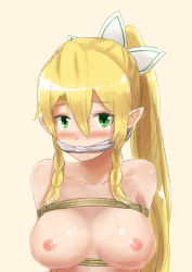 Rule 34 | 1girl, arms behind back, blonde hair, blush, bound, bound torso, braid, breasts, breasts apart, cleave gag, cloth gag, collarbone, drooling, elf, female focus, gag, gagged, green eyes, hair ornament, high ponytail, improvised gag, large breasts, leafa, long hair, looking at viewer, nipples, nude, pointy ears, ponytail, rope, saliva, shiny skin, simple background, solo, sweat, sword art online, tied up, upper body