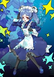 Rule 34 | 1girl, alternate color, apron, artist request, bloody marie (skullgirls), blue background, blue hair, brooch, dress, exposed bone, fire, frilled dress, frills, gloves, hair ornament, highres, jewelry, maid, maid headdress, open mouth, pantyhose, red eyes, ribs, skull hair ornament, skullgirls, solo, star (symbol), symbol-shaped pupils, twintails