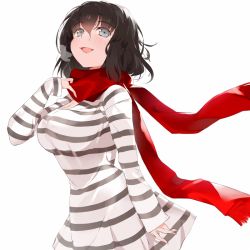 Rule 34 | 1girl, black hair, blue eyes, blush, breasts, cleavage, dress, fang, large breasts, looking at viewer, nauribon, open mouth, original, red scarf, scarf, shirt, short dress, short hair, simple background, smile, solo, striped clothes, striped dress, striped shirt, white background, yokoshima bodako