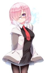 Rule 34 | 1girl, absurdres, arms behind back, black-framed eyewear, black dress, black pantyhose, blush, breasts, closed mouth, collared dress, commentary request, dress, fate/grand order, fate (series), fuuna, glasses, hair over one eye, highres, jacket, looking at viewer, mash kyrielight, medium breasts, necktie, open clothes, open jacket, pantyhose, pink hair, purple eyes, red necktie, smile, solo, white background, white jacket