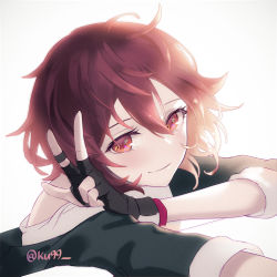 Rule 34 | 1girl, arknights, backlighting, black gloves, blush, closed mouth, commentary, exusiai (arknights), eyelashes, fingerless gloves, gloves, hair between eyes, jacket, ku99 (kugugu), looking at viewer, red eyes, red hair, short hair, simple background, smile, solo, star (symbol), star in eye, symbol in eye, twitter username, upper body, v, white background