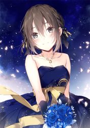 Rule 34 | 1girl, bare shoulders, black bow, black gloves, blue dress, blue flower, blue rose, blush, bouquet, bow, braid, breasts, brown bow, brown eyes, brown hair, cleavage, closed mouth, collarbone, commentary request, dress, female saniwa (touken ranbu), flower, gloves, hair between eyes, hair bow, hair flower, hair ornament, holding, holding bouquet, jewelry, looking at viewer, medium breasts, mochizuki shiina, necklace, petals, rose, saniwa (touken ranbu), smile, solo, strapless, strapless dress, touken ranbu, white flower