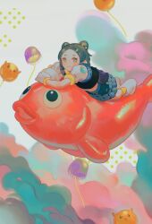 Rule 34 | 1girl, abstract background, animal, aqua eyes, aqua hair, arm rest, balloon, belt, black belt, black shirt, blush, boots, closed mouth, cloud, dot nose, double bun, fish, forehead, glove cuffs, gloves, goldfish, hair bun, hair ornament, hairclip, highres, jellyfish, looking at viewer, lying, lying on animal, midriff, no sclera, on animal, on stomach, original, oversized animal, own hands together, painterly, parted bangs, pofu31, print sleeves, shirt, short eyebrows, short hair, short sleeves, skirt, sleeve cuffs, smile, socks, white footwear, white gloves, white sleeves, yellow socks