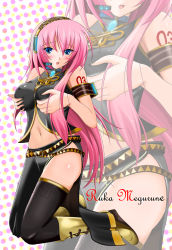 Rule 34 | 1girl, :o, armband, armlet, artist request, bare shoulders, belt, black skirt, black thighhighs, blue eyes, blue gemstone, blush, boots, breast lift, breasts, breasts squeezed together, brooch, character name, cross-laced footwear, dots, embarrassed, english text, engrish text, female focus, gem, grabbing, grabbing another&#039;s breast, hair ornament, headphones, headset, high heels, highres, jewelry, kneeling, knees, large breasts, long hair, long skirt, looking at viewer, megurine luka, midriff, multiple belts, navel, open mouth, pink hair, ranguage, shiny skin, shoes, side slit, skirt, sleeveless, sleeveless turtleneck, solo, straight hair, tattoo, thighhighs, thighs, turtleneck, typo, very long hair, vocaloid, wedge heels, zoom layer