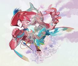 Rule 34 | 1boy, colored skin, fins, fish boy, fish girl, gills, hair ornament, jewelry, long hair, mipha, monster boy, monster girl, multicolored skin, muscular, nintendo, no eyebrows, pointy ears, ponytail, red skin, sharp teeth, sidon, smile, teeth, the legend of zelda, the legend of zelda: breath of the wild, yellow eyes, zora