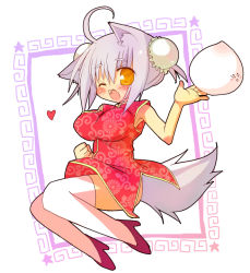 Rule 34 | 1girl, ahoge, animal ears, breasts, china dress, chinese clothes, dog ears, dress, heart, one eye closed, sakurazari hotori, silver hair, solo, tail, thighhighs, white thighhighs, wink, yellow eyes