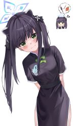Rule 34 | 1girl, ?, ??, absurdres, animal ears, arms behind back, black dress, black hair, black ribbon, blue archive, blush, china dress, chinese clothes, closed mouth, dress, green eyes, hair ribbon, halo, highres, kurone (kurone ryuo), long hair, looking at viewer, ribbon, short sleeves, shun (blue archive), shun (small) (blue archive), simple background, smile, solo, thighs, twintails, white background