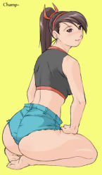 Rule 34 | 1girl, alternate costume, ass, barefoot, brown eyes, brown hair, champ+, data east, fighter&#039;s history, from behind, liu yungmie, looking back, ponytail, seiza, shorts, sitting, snk, solo, tank top