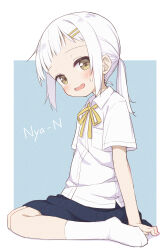 Rule 34 | 1girl, ayanepuna, blue background, blue skirt, blush, brown eyes, collared shirt, commentary, dress shirt, flat chest, forehead, full body, hair ornament, hairclip, highres, lone nape hair, long hair, looking at viewer, low ponytail, neck ribbon, no shoes, open mouth, original, pleated skirt, ponytail, ribbon, romaji commentary, romaji text, school uniform, shirt, short sleeves, sitting, skirt, socks, solo, sweat, two-tone background, wariza, white background, white hair, white shirt, white socks, yellow ribbon